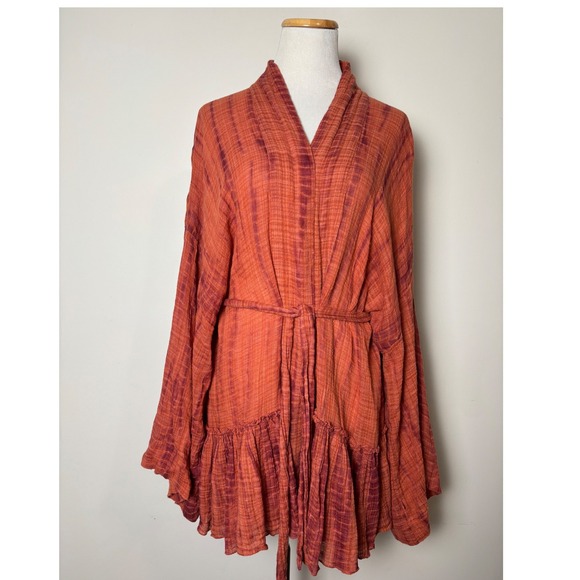 Free People Tie Dye Kimono Wrap Top M/L Oversize Boho Sheer Indie Cover-Up Layer - Picture 2 of 8